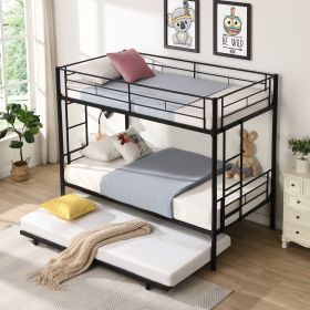 Over Twin Bunk Bed Frame with Trundle,Metal Bunkbed with Sturdy Guard Rail and 2 sideLadders for Kids/Adults,Can be Divided Into Two Beds, No Box Spri