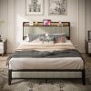 Full Size Bed Frame with Charging Station, Upholstered Headboard, Metal Platform, Grey