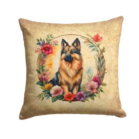 Belgian Tervuren and Flowers Throw Pillow Machine Washable, Indoor Outdoor Decorative Pillow for Couch, Bed or Patio, 14Hx14W