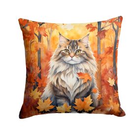 Siberian Cat in Fall Leaves Throw Pillow Machine Washable, Indoor Outdoor Decorative Pillow for Couch, Bed or Patio, 18Hx18W