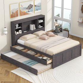 Full Size Platform Bed with Storage Headboard, Charging Station, Twin Size Trundle and 3 Drawers, Antique Brown