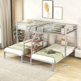 Metal Twin over Twin & Twin Bunk Bed, Triple Bunk Bed with Storage Shelves Staircase, Silver