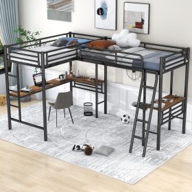 Twin Size Metal Loft Bed with Two Built-in Desks,Black