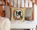 Border Collie and Flowers Throw Pillow Machine Washable, Indoor Outdoor Decorative Pillow for Couch, Bed or Patio, 14Hx14W