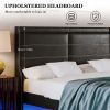 Stylish Queen Size PU Leather Upholstered Bed Frame Platform Bed with Lights Stitched Wing-backed Headboard Strong Wooden Slats Bed Canopy No Box Spri