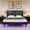 Stylish Queen Size PU Leather Upholstered Bed Frame Platform Bed with Lights Stitched Wing-backed Headboard Strong Wooden Slats Bed Canopy No Box Spri