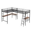 Twin Size Metal Loft Bed with Two Built-in Desks,Black