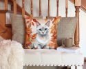 Foreign White Cat in Fall Leaves Throw Pillow Machine Washable, Indoor Outdoor Decorative Pillow for Couch, Bed or Patio, 14Hx14W