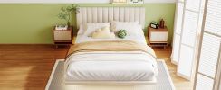 Queen Size Upholstered Bed with Sensor Light and Headboard, Floating Velvet Platform Bed, Beige