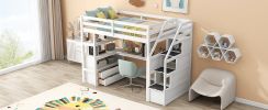 Twin Size Loft Bed with Desk and Shelves, Two Built-in Drawers, Storage Staircase, White