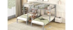 Metal Twin over Twin & Twin Bunk Bed, Triple Bunk Bed with Storage Shelves Staircase, Silver