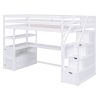 Twin Size Loft Bed with Desk and Shelves, Two Built-in Drawers, Storage Staircase, White