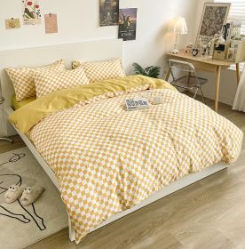 Washed Cotton Bedding 4 Piece Set 1.5m-2.2m Quilt Cover Sheet Pillowcase Plaid Stripes Student Dormitory Adult Child Boys Girls (Color: Checkerboard -Yellow, size: 2.2m bed 4-piece set)