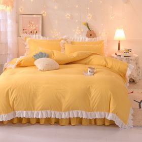 Princess Style Girl Brushed Multicolor 4-piece Set Quilt Cover Sheet Pillowcase Spring Autumn Winter Solid Fleece Thick Bedskirt (Color: Yellow, size: 1.5m bed 4-piece set)