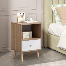 Mid-Century Wood Nightstand Set of 2;  Bed Sofa Side Table with Drawer and Shelf;  Modern End Table for Living Room Bedroom Office (Color: Natural+White)